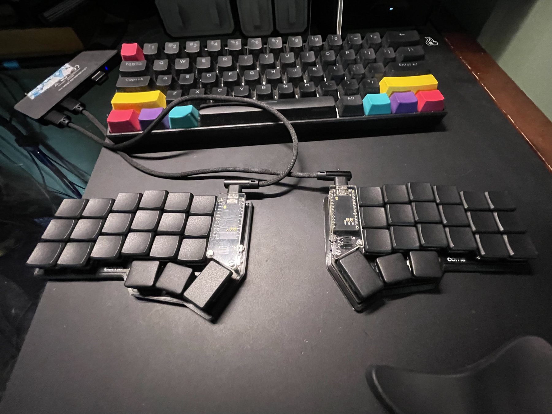 First printed test case holding all 42 keys, beside my old keyboard