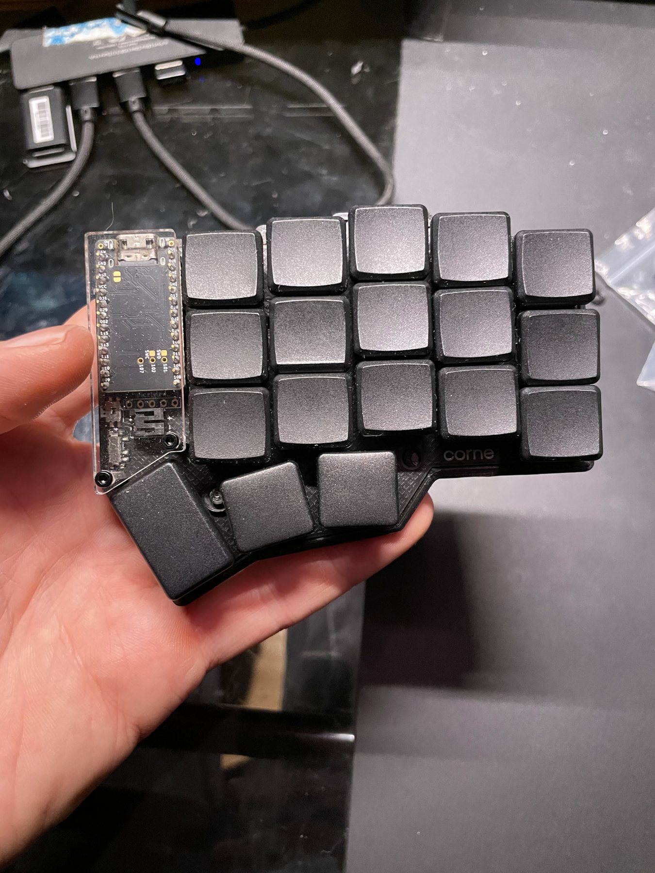 Left half held in one hand