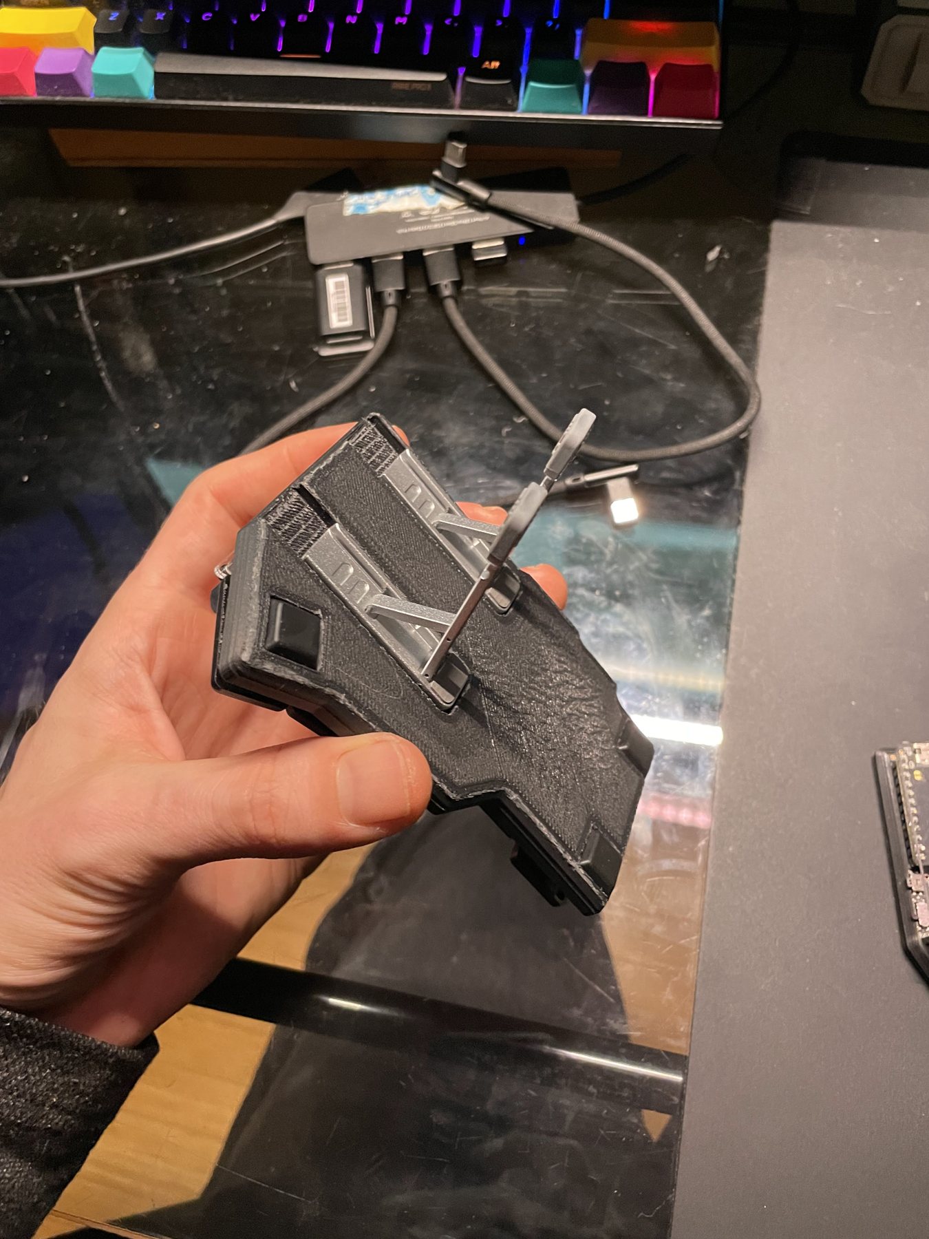 Underside of the printed case with a tenting leg swung out